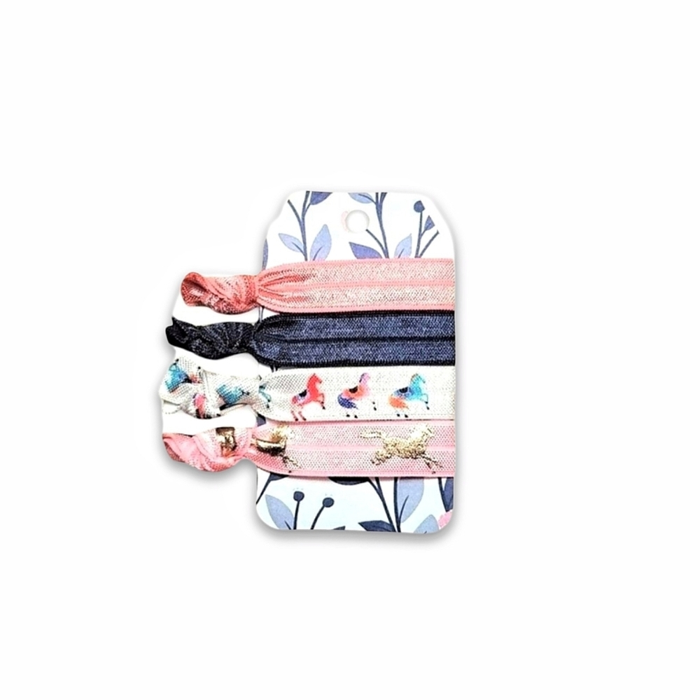 Equestrian Theme 4-Pack Pink & Navy Handmade FOE Elastic Horse Print Hair Ties